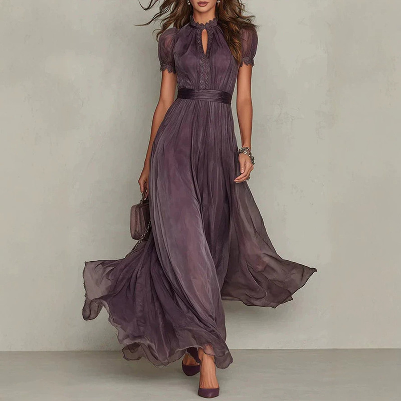 New Cross-Border European and American Style Lace Top, French Hollow-Out V-Neck, Unique Patchwork Leather and Velvet Lace Dress