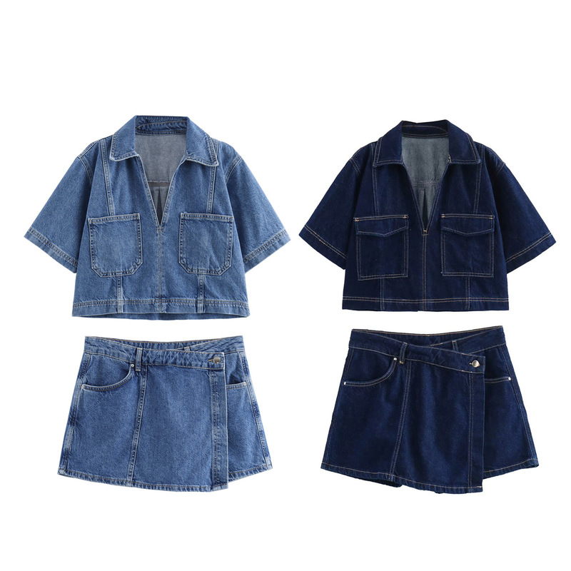 2024 summer new short Denim shirt 6164070 double lapel Denim skirt pants 6164068 suit women