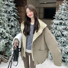 军绿色针织连帽拼接羽绒服女冬季2025年新款小个子保暖加厚棒球服