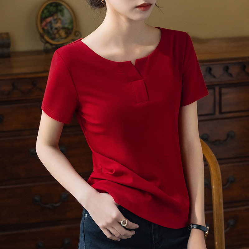 Camiseta de manga corta para mujer verano 2023 nueva camiseta de algodón de color sólido con cuello redondo medio abierto para mujer