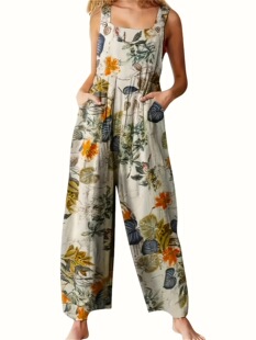 Z 17741 Ethnic Patchwork Print Button Jumpsuit �����L�B�wѝ