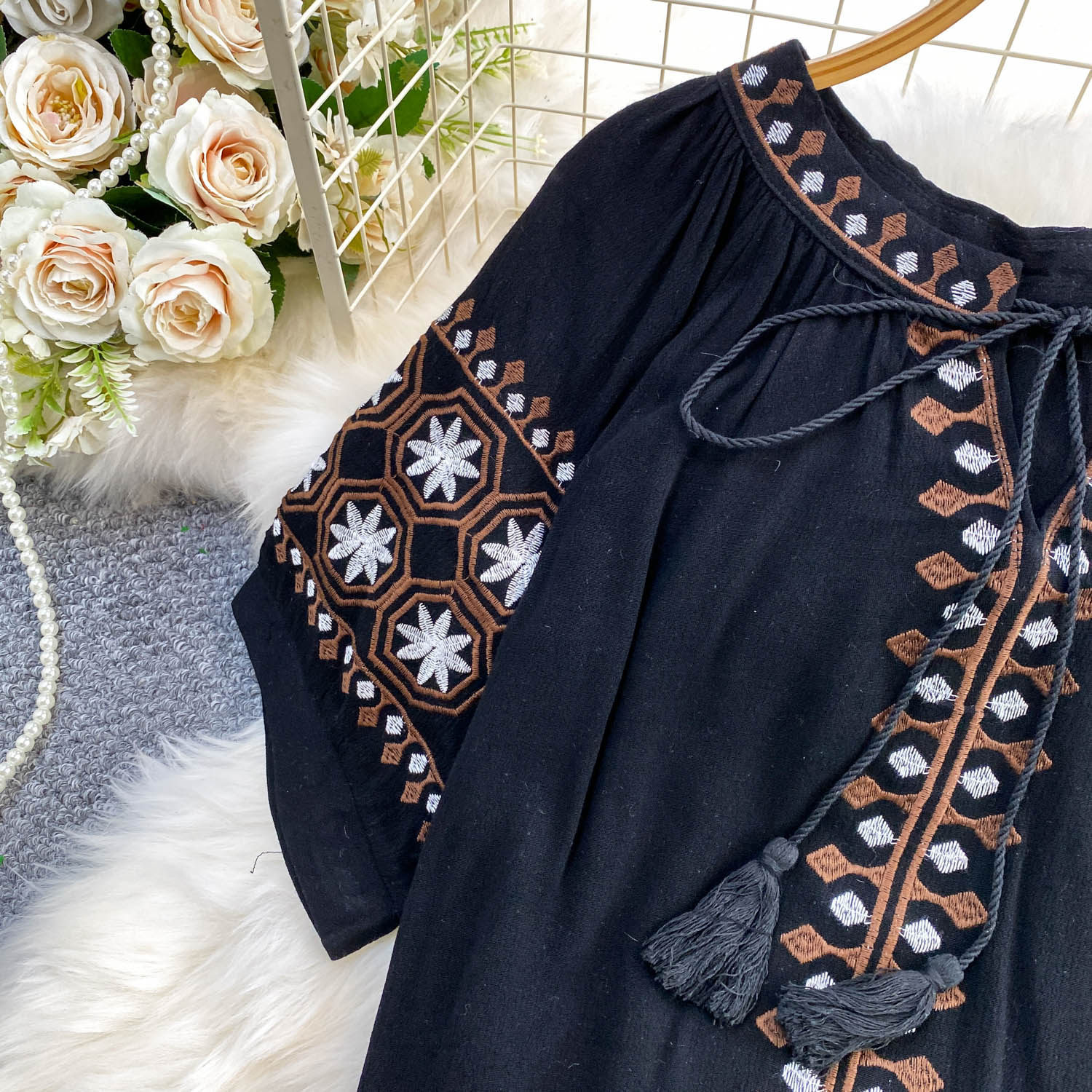 Women's Bohemian Style Sweet Embroidered Tie Neck Round Neck Mid Sleeve T-Shirt Summer Loose Fit Slimming Ethnic Retro Top_ecoleips.com