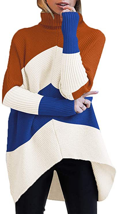 2021 Women's Turtleneck Long Bat Wing Sleeves Asymmetrical Hem Casual Pullover sweater Knitted Top sweater