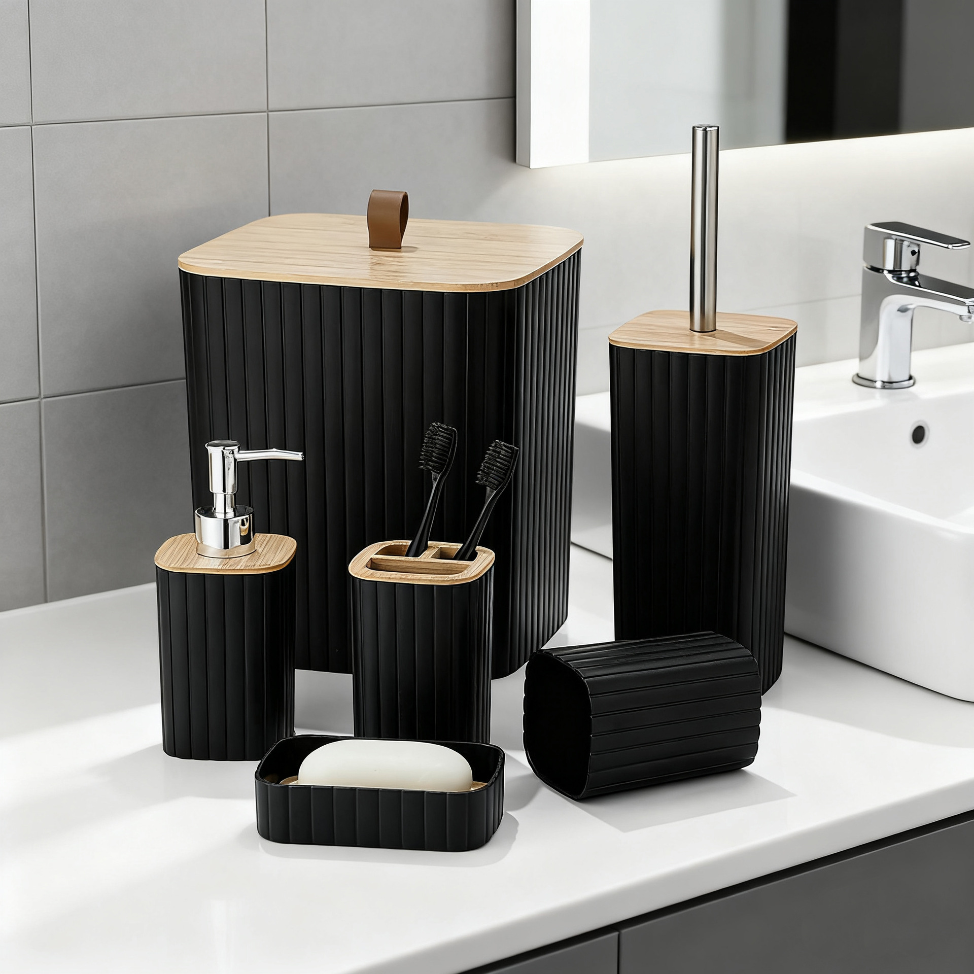 YUFEI estilo nórdico residencial set de cepillo de inodoro caja de almacenamiento de inodoro hotel cubierta de bambú artículos de higiene