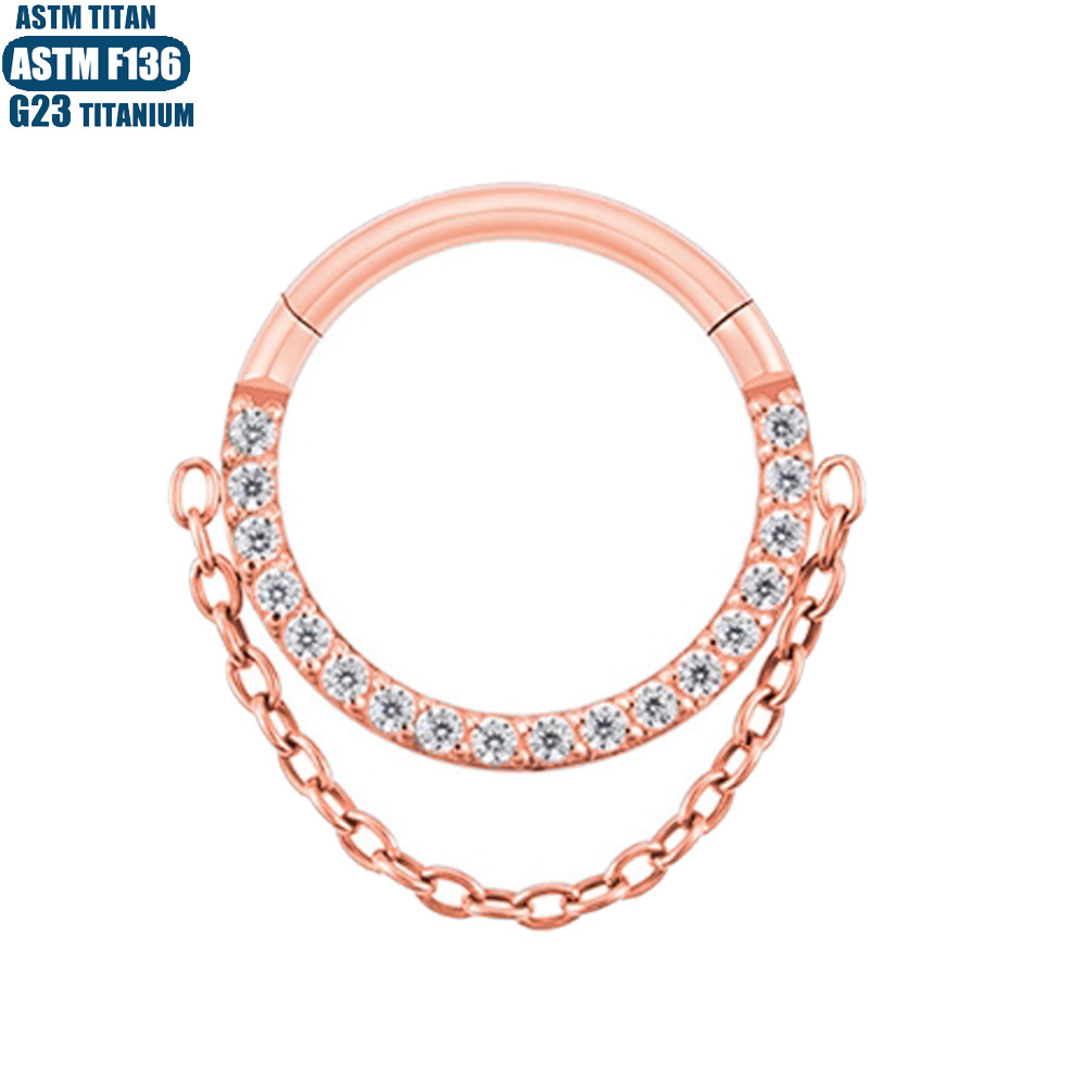 G23 Titanium Hinge Nose Ring with Zircon Chain Earrings - Seamless Open Ring Cartilage Septum Perforated Ear Ring Nose detail image 13