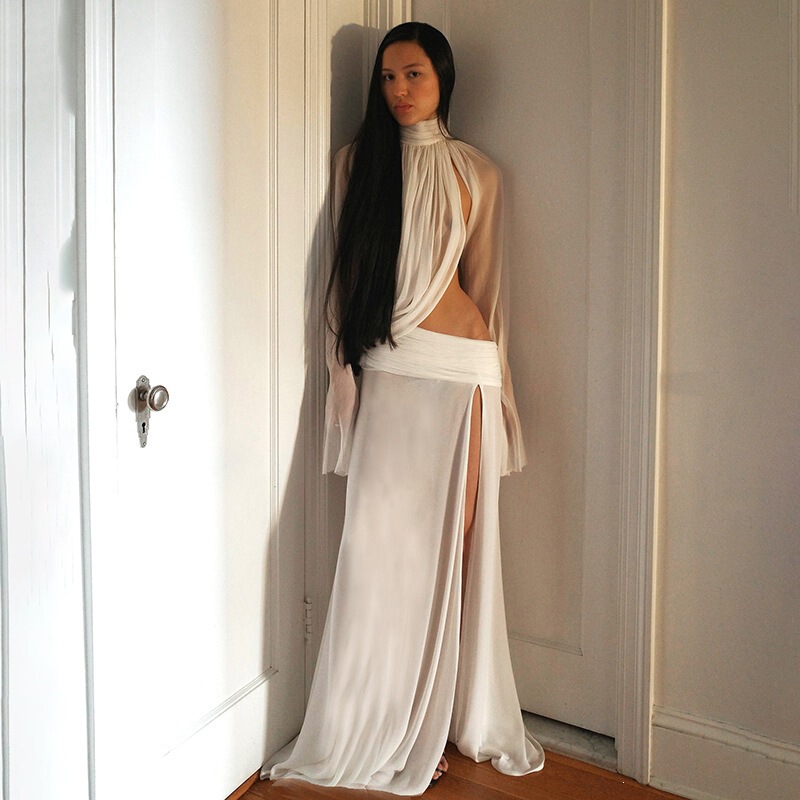 K25S87629 Cross-Border European and American Style 2026 Spring Sexy See-Through High-Neck Flared Sleeve Top and Slit Long Skirt Set