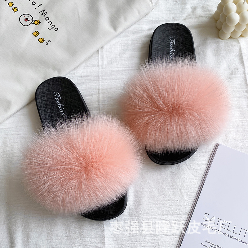 Amazon transfronterizo zapatillas de pelo de zorro real zapatillas de pelo de fondo plano zapatillas de pelo de mujer zapatillas de pelo de verano nuevas exportaciones