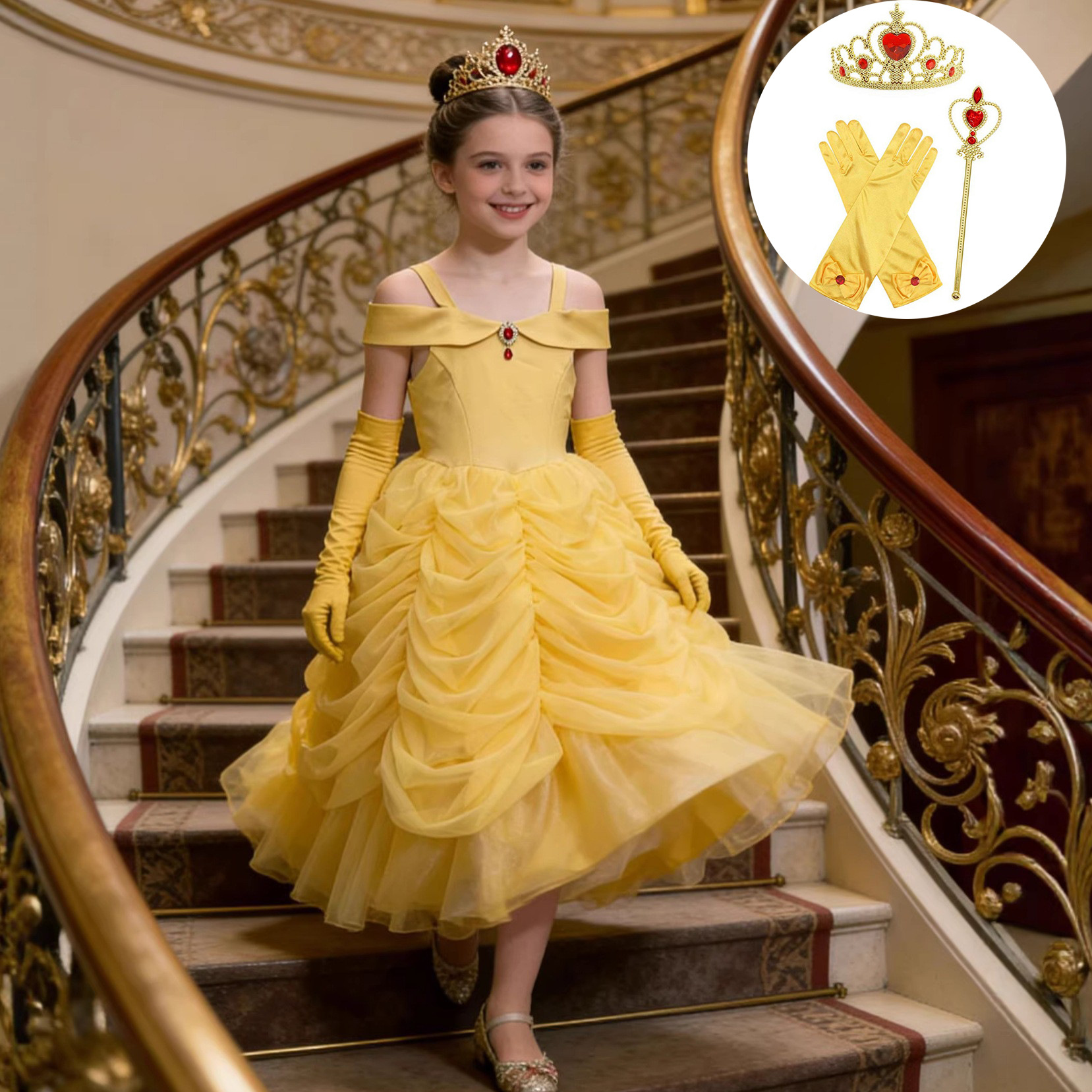 Free Gloves, Crown, Cane, Belle Princess Dress, Belle Birthday Dress, Girls' Tulle Dress, One-Piece Dress, Dropshipping