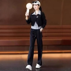 休闲运动服套装女春秋新款韩版洋气假两件衬衫卫衣显瘦时尚两件套
