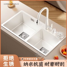 心力白色厨房水槽双槽洗菜盆不锈钢加厚洗碗水池大尺寸手工台下盆