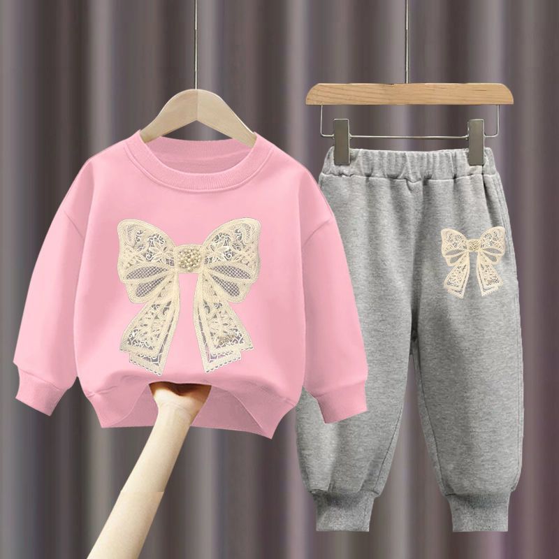 레이스 매듭 핑크 스웨트셔츠 + 레이스 매듭 그레이 팬츠