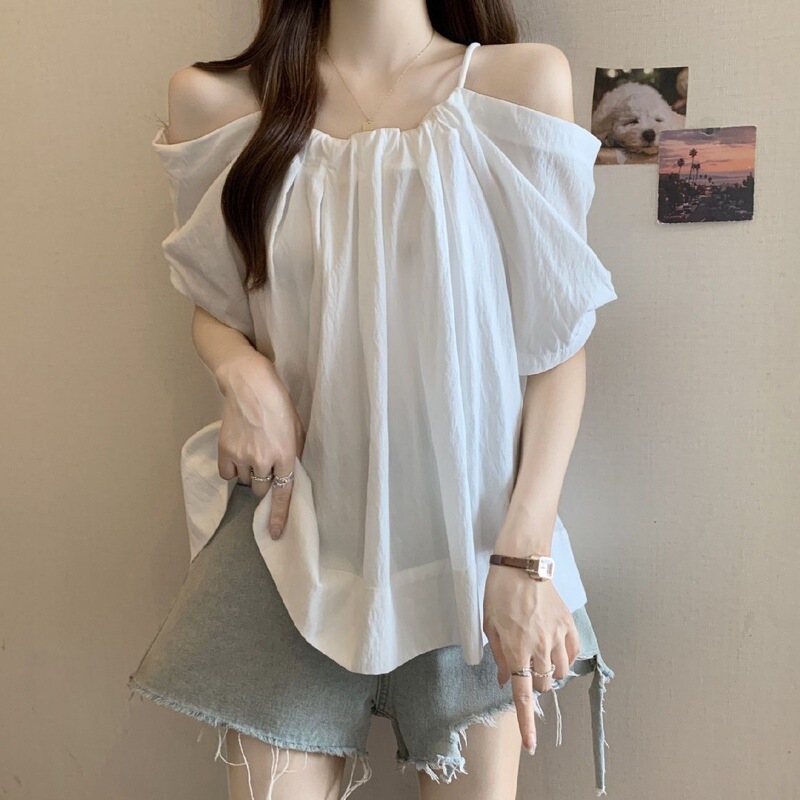 Plus-Size Drawstring Strap Off-Shoulder Short-Sleeve Shirt for Women, Summer New Style, Loose Fit, Slimming, Versatile Top for Pregnant Women