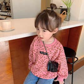 女童春秋新款豹纹2026长袖卫衣百搭中小童宽松上衣韩版时尚上衣潮