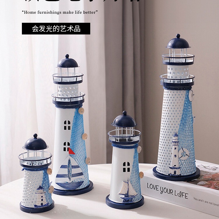 Mediterranean Tin Electronic Lighthouse Ornaments Can Light up Desktop Ocean Style Photography Props and Travel Souvenirs