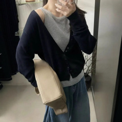 针织衫女秋季2025新款设计感撞色宽松短款长袖背心开衫毛衣两件套