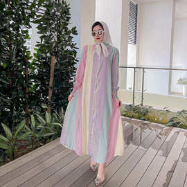Middle East dress高端熟女连衣裙翻领条纹衬衫连衣裙