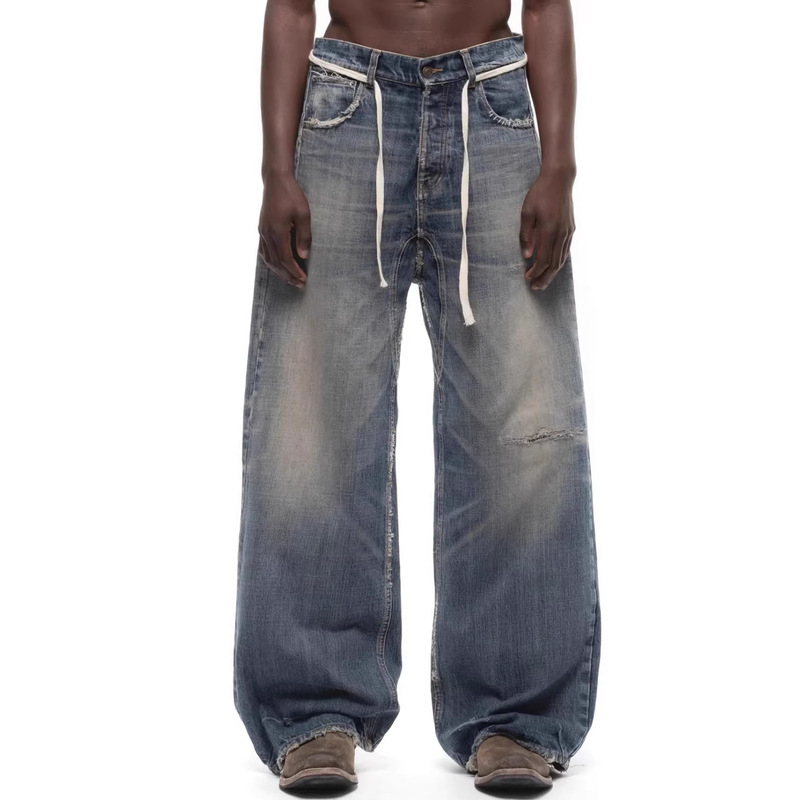 High-End No Faith Studios Washed Whiskered Distressed Loose Wide-Leg Unisex Drawstring Jeans