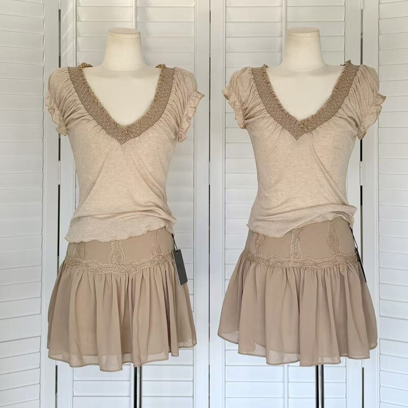 2026 Real Shot of New Summer Style Milk Tea Color Lace T-Shirt Top + Lace Slimming High-Waisted Skirt with Pants 2026 Real Shot of New Summer Style Milk Tea Color Lace T-Shirt Top + Lace Slimming High-Waisted Skirt with Pants