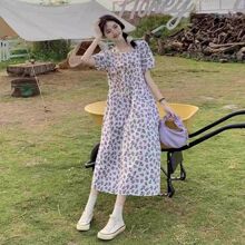 韩系chic甜美复古碎花方领短袖连衣裙女夏季新款温柔风气质长裙子