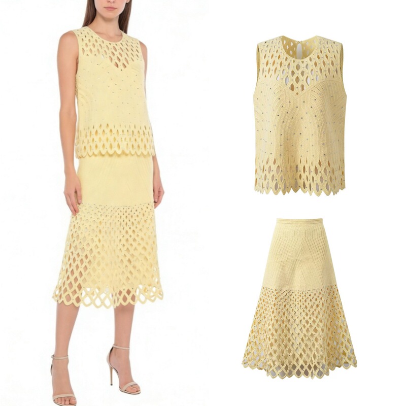 2026m French-Style Women's Clothing Set: Rhinestone-Embellished Hollow-Out Knit Cardigan + Tank Top + Skirt + Slip Dress Set for Women