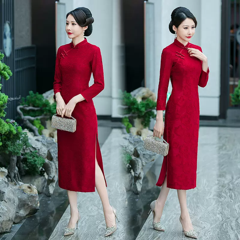 加厚长款复合弹力植绒提花修身旗袍妈妈装婚庆礼服回娘家一件代发