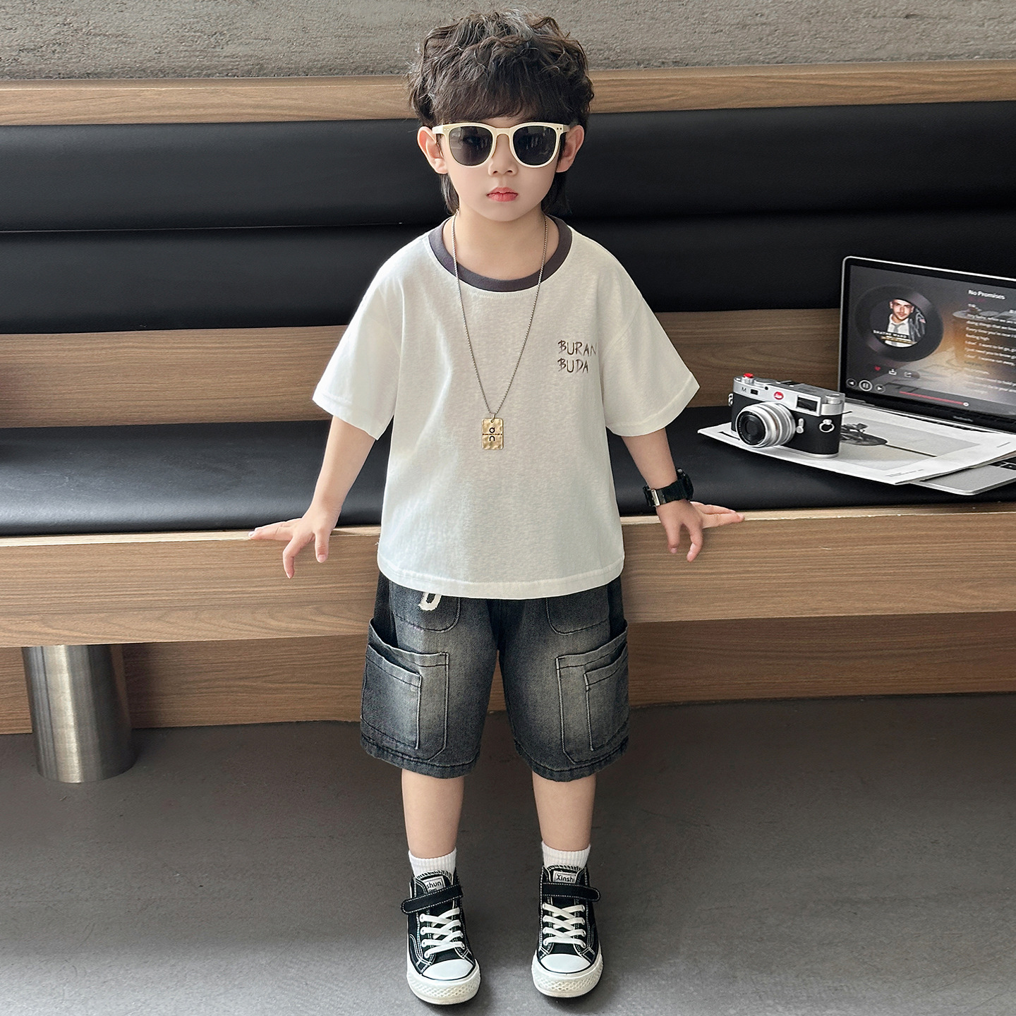 X053男童夏季套装儿童短袖牛仔短裤两件套新款男宝宝韩版夏装衣服