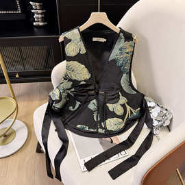 新中式女装青色国风宋锦马甲2025年新款春款小个子流行马夹