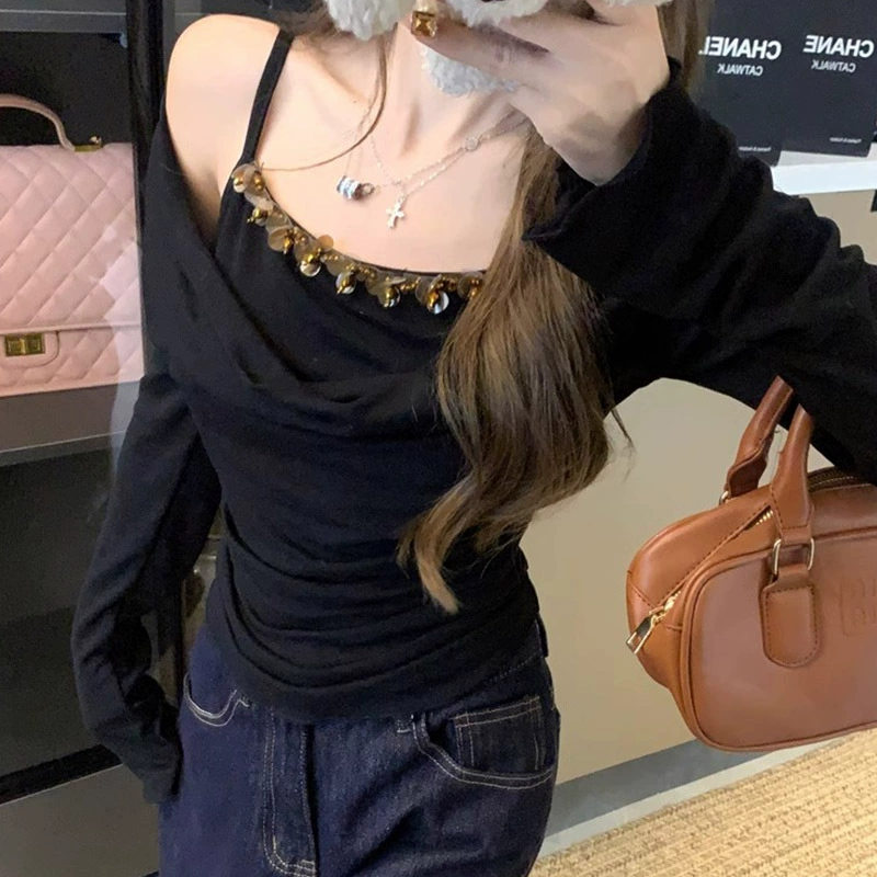 Официальная цена, лоскутная футболка из двух частей с блестками, женская футболка с длинными рукавами, весенняя облегающая футболка с рюшами, топ для похудения Pure Desire