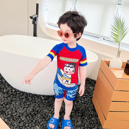 Children's swimsuit, boy's swimsuit, small and medium-sized children's hot spring short-sleeved sunscreen one-piece suit wholesale baby cartoon swimsuit