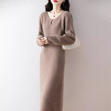 秋冬长款元宝珠子灯笼袖纯羊毛连衣裙女半高领针织过膝显瘦毛衣裙