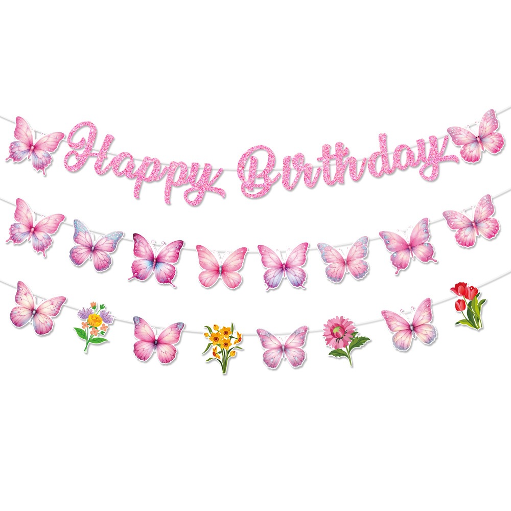 Nuevo tema mariposa cumpleaños tira banderas feliz cumpleaños tira banderas decoración de cumpleaños atmósfera diseño
