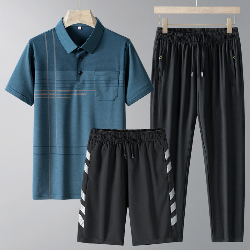 Traje casual de verano de papá de mediana edad Camiseta polo de media manga delgada de verano de manga corta para hombre Camiseta de tres piezas de secado rápido para hombre