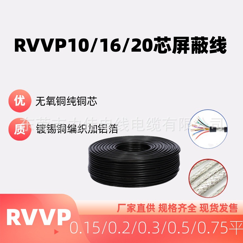 纯铜屏蔽线RVVP24芯0.15/0.3/0.5平方24芯镀锡铜编织屏蔽电缆线