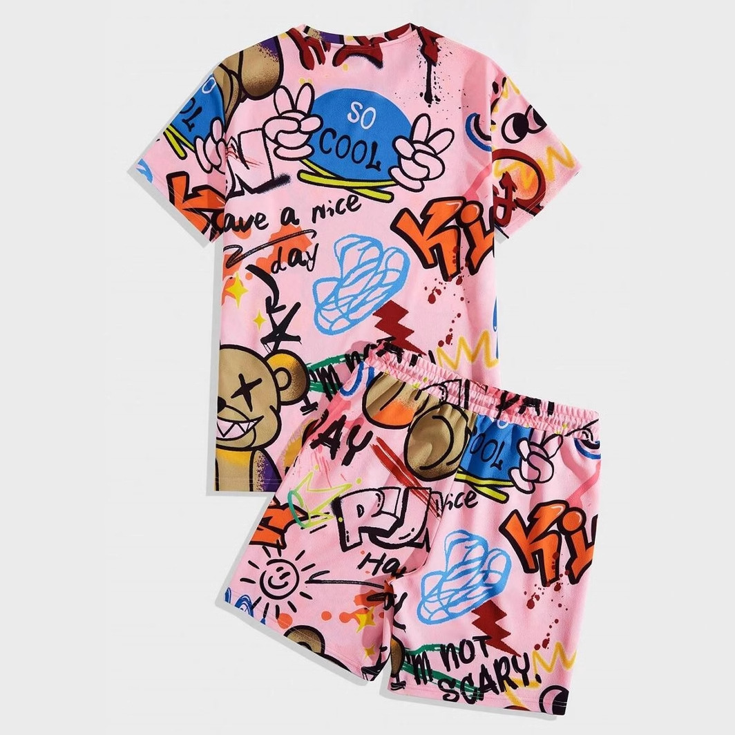 Tendencia colorido graffiti 3D estampado spot traje de hombre camiseta traje de hombre cuello redondo pantalones cortos con cordón de manga corta