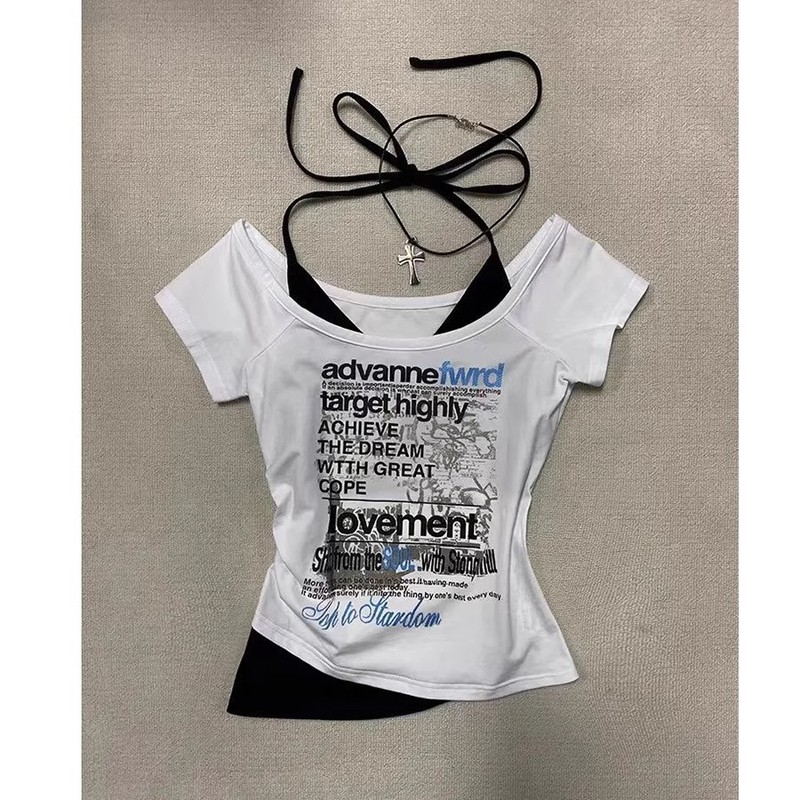 スイートガールホルターネック半袖Tシャツ女性用2025夏新デザイン偽ツーピースショートニッチスリムトップ|undefined