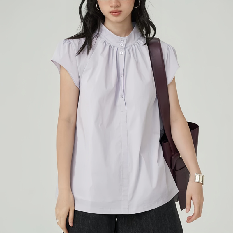 Omont Egg Tart House Small Flying Sleeve Stand Collar Short Sleeve Shirt for Women, New Summer Vintage Loose Slimming Purple Top