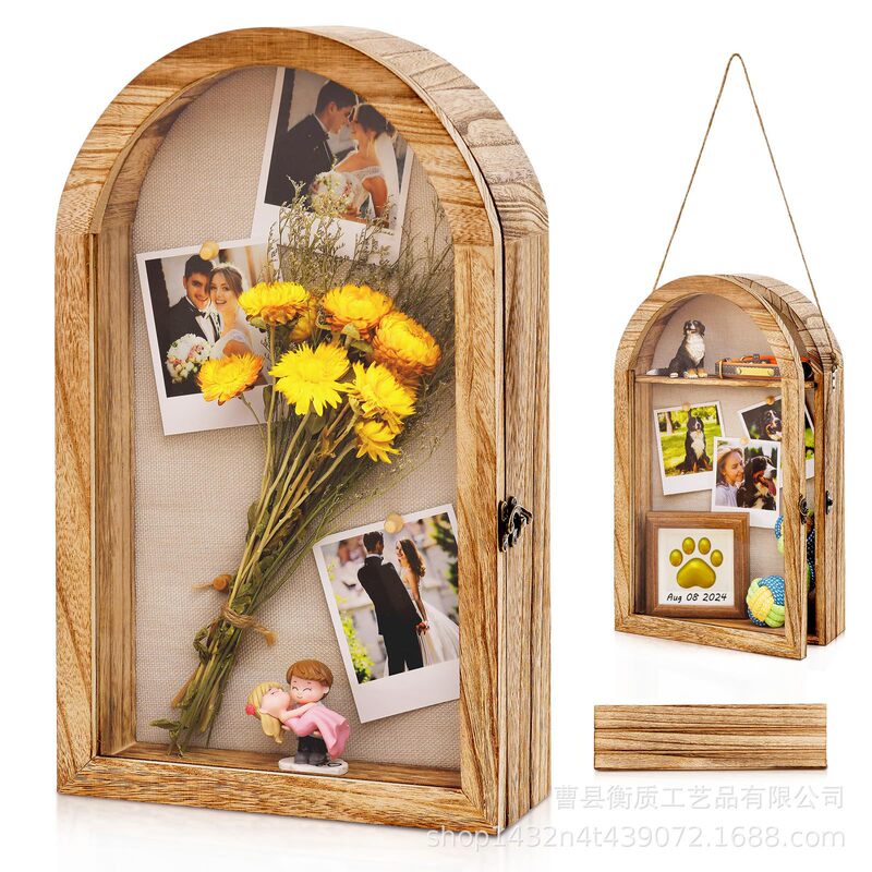 Cross-Border Wooden Photo Frame Display Box, Solid Wood Vintage Country-Style Wooden Shadow Box, Hanging Decorative Photo Frame Box