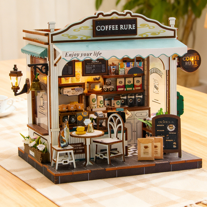 Hongda DIY Miniature House Green Coffee 3D Assembly Building Model Adult Stress-Relief Toy Gift for Women