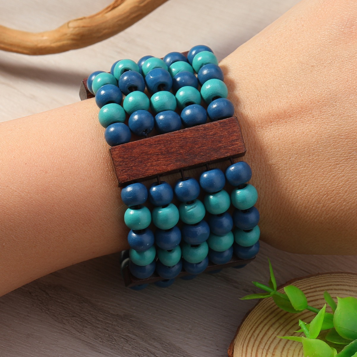 Wooden woven ethnic retro organic beaded bracelet handmade