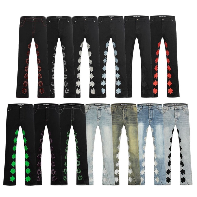 Lostshdws Jeans Sunflower Heavy Embroidery Solid Color American High Street Patchwork Washed Jeans Trendy