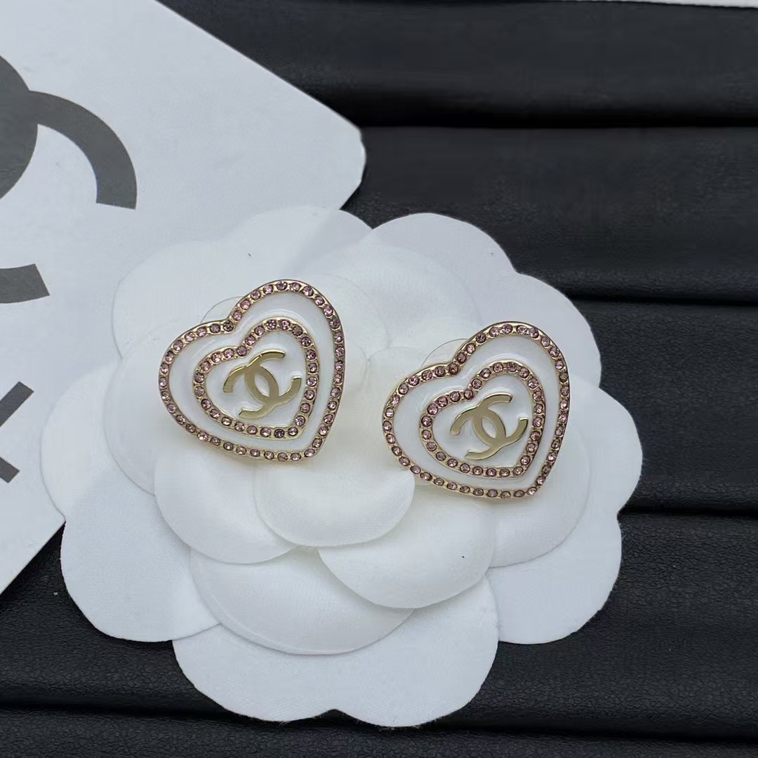 Chanel CC Heart Stud Earrings Metal Resin Crystal Gold Pink White