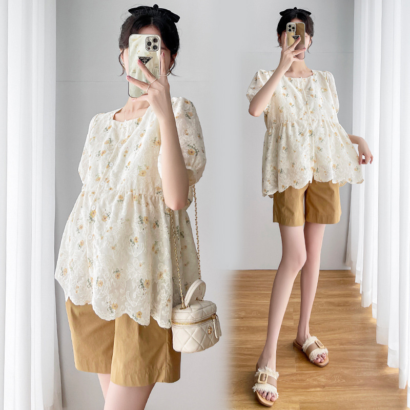 Real shot spot 2022 summer floral lace craft shirt + tooling belly pregnant women's set open buckle breastfeeding Real shot spot 2022 summer floral lace craft shirt + tooling belly pregnant women's set open buckle breastfeeding