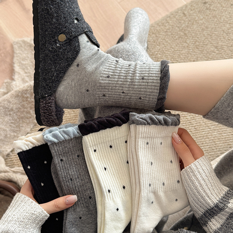 High-Quality Pure Cotton All-Season Socks for Women, Bubble Edge Color-Block Polka Dot Mid-Calf Socks, Ins Japanese and Korean Style Slimming Slouch Socks