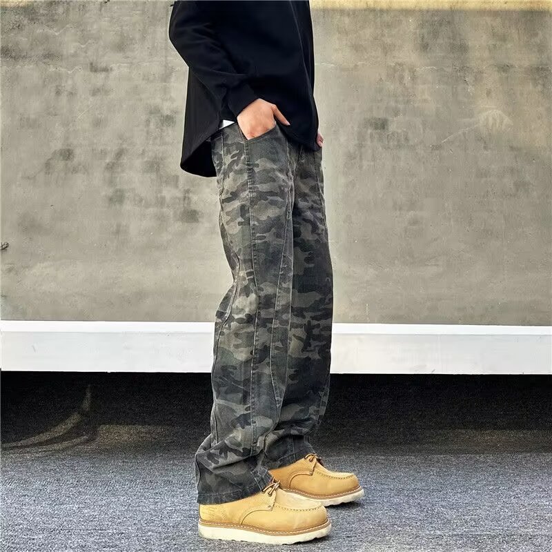 boy 2024 Style Washed Vintage Jeans For Men Spring Autumn Straight Loose European And American High Street Vibe Long Pants_viptrois.com