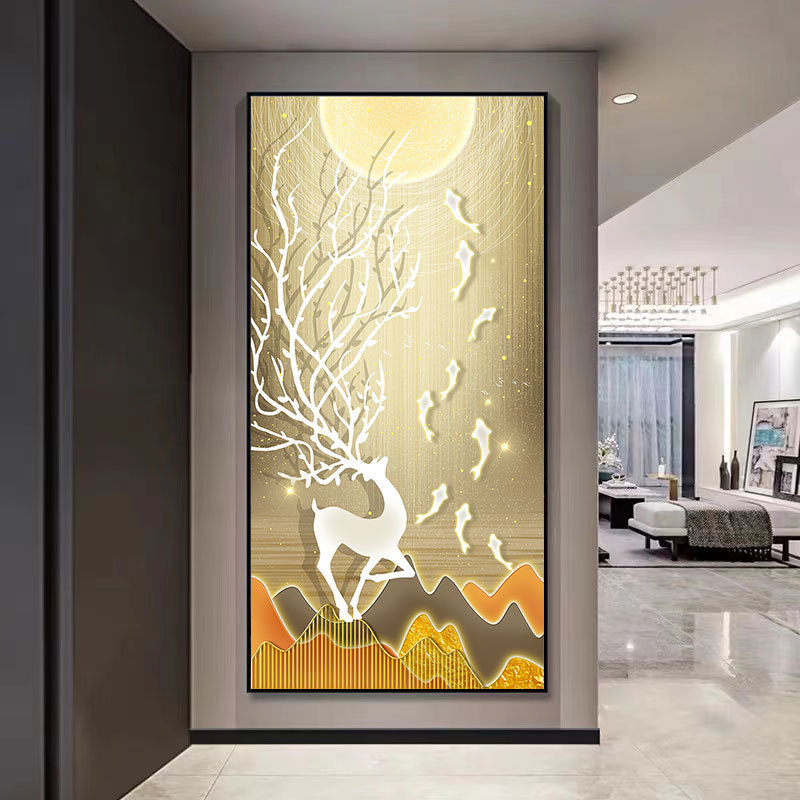 Pintura decorativa de vestíbulo de lujo ligero de alto nivel de alce hojas doradas pasillo colgar pintura de la sala de patrón colgar pintura suave