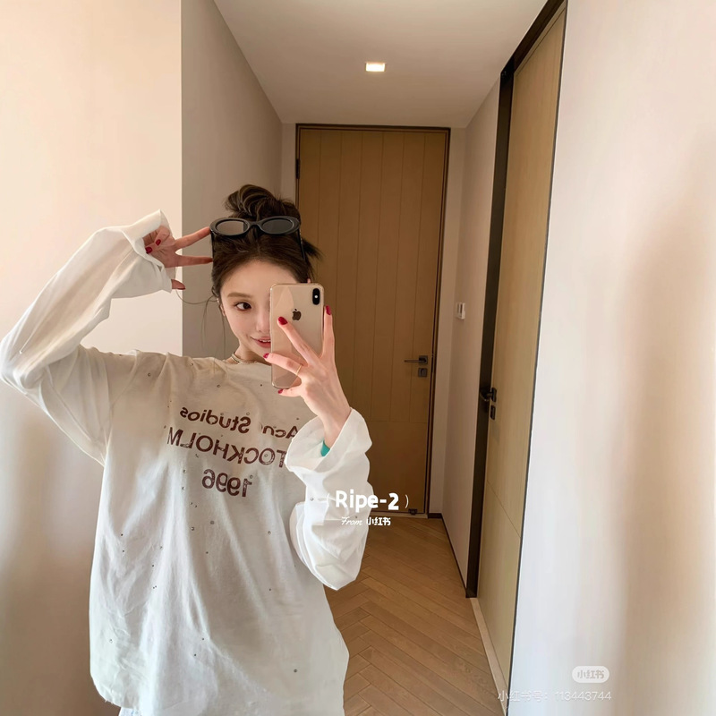 Correct Lettering in as Style with Rhinestones, Vintage 1996 Letter Print, Long-Sleeved T-Shirt, Loose Fit, Pure Cotton, Unisex