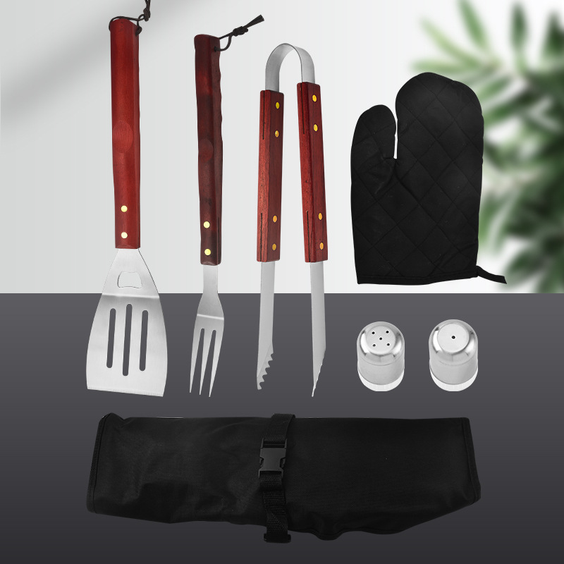 Delantal gran mango de madera 6 piezas de acero inoxidable parrilla al aire libre conjunto de herramientas multifuncionales botella de condimentos combinación de abrazadera de pala y tenedor