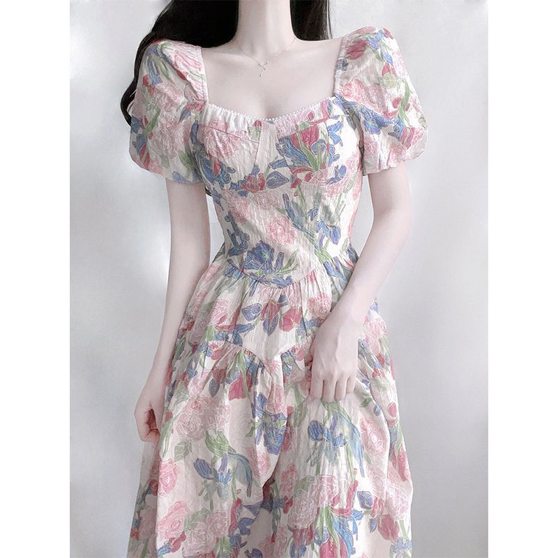 法式油画碎花连衣裙女夏2025新款设计感气质小个子仙女长裙