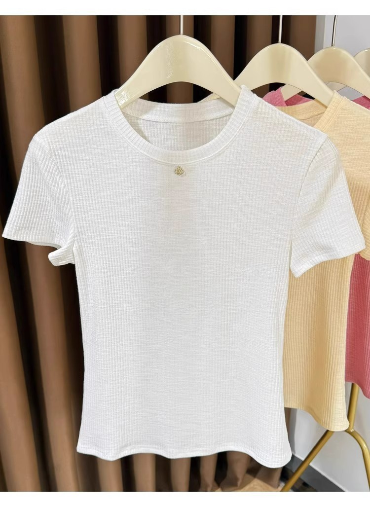 Women's Pink Ribbed Short Sleeve T-shirt Lightweight Basic Top_voghion.com