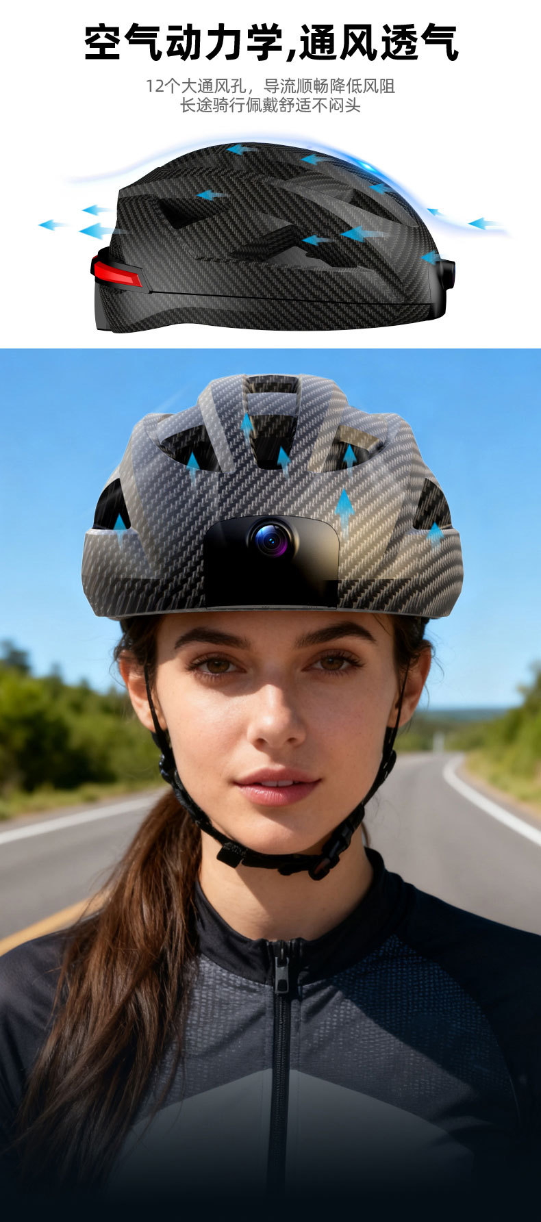 Smart cycling helmet with built-in Bluetooth headset, multifunctional smart remote control camera, and dashcam